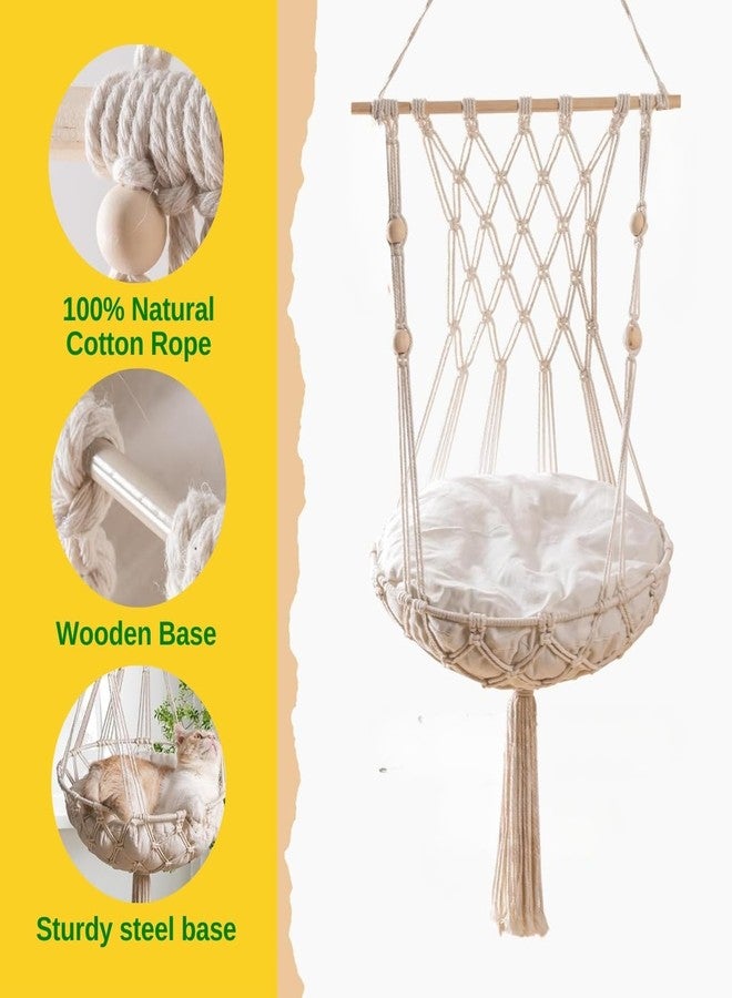 ecofynd Macrame Hanging Cat Hammock Without Cat Bed, Kittens Boho Swing Bed Wall Furniture For Hang Bed For Sleeping, Playing, Climbing & Lounging (39'' L X 14'' W, Bh028), Beige,White - Image 5